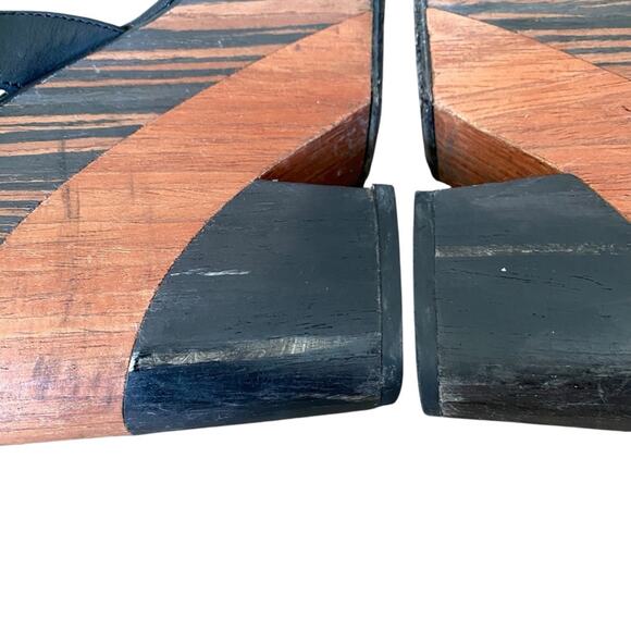 Jimmy Choo Black Leather Brown Wooden Heel Wedge Slingback Sandals size 40 9.5 - Picture 7 of 9